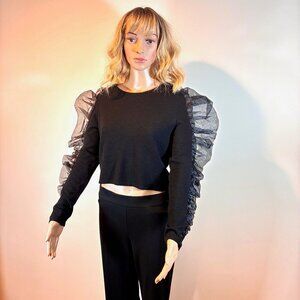 ZARA Black Cropped Knit Sweater L Organza Taffeta Puff Long Sleeves Round Neck